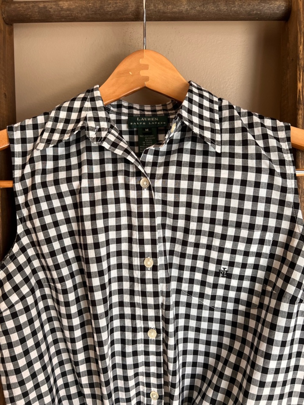 Ralph Lauren Sleeveless Gingham Tie-Front Shirt - Black & White - Picture 5 of 7